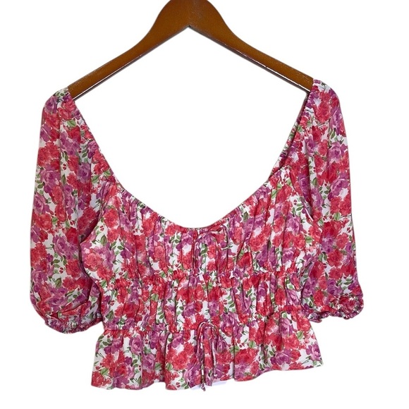 WAYF Avra Pink Red Floral Sweetheart Neckline Cottage Core Peplum Top sz L NWT - Picture 1 of 9